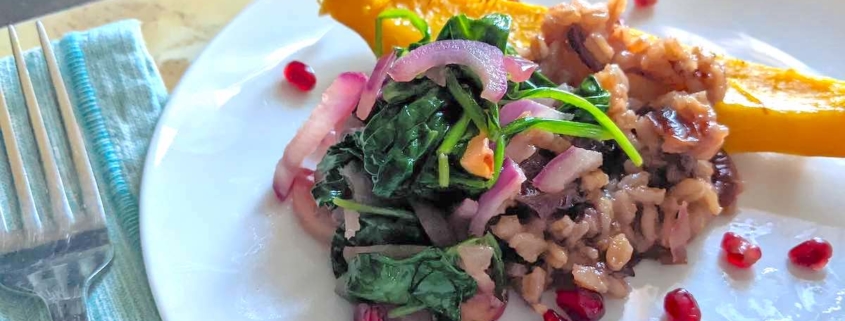 Roasted Winter Squash with Pearl Barley and Pomegranate on a white plate