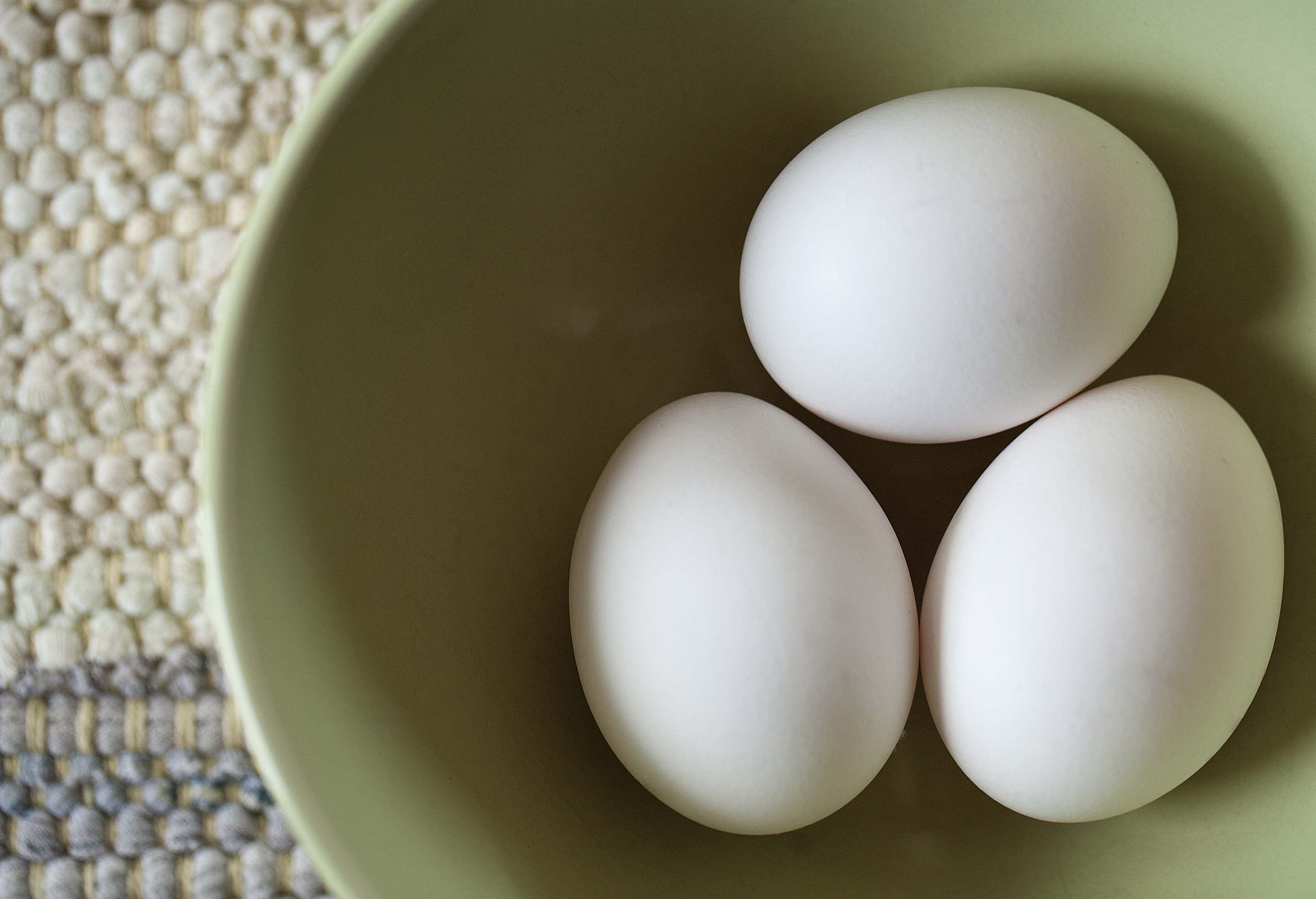 a bowl with three white eggs as an illustration of egg nutrition