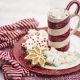 closeup of The Snuggler, a hot chocolate cocktail in a candy cane striped mug with a candy cane garnish and Christmas cookies on the side