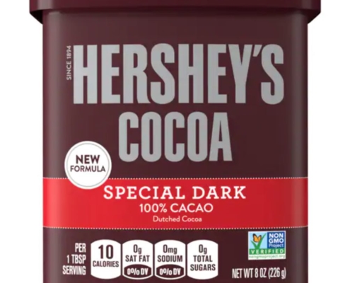 Closeup of Special Dark Hershey's Cocoa, the best cocoa powder on a budget
