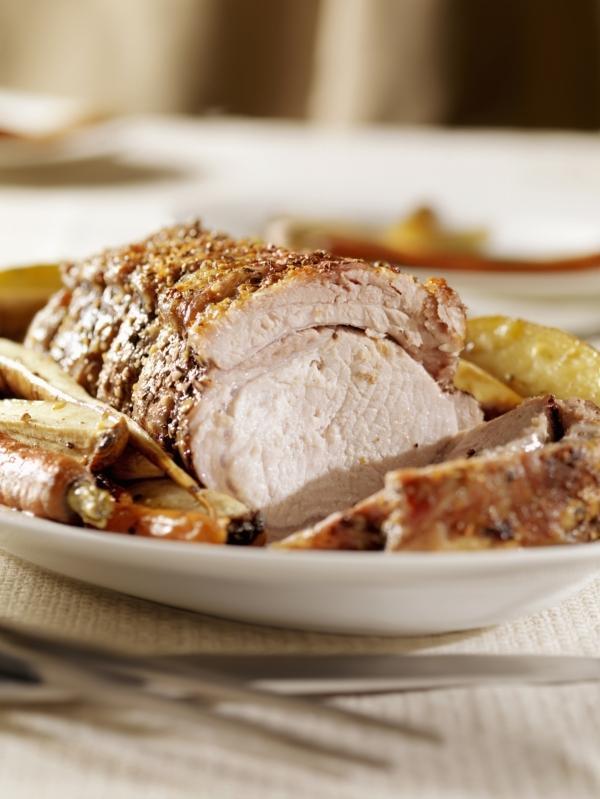Romantic Oven Roasted Pork Loin with Pomegranate, Quinoa & Sexy Veg 6 pomegranate pork loin with vegetables on a white serving platter
