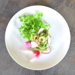 overhead shot of celery olive salad with breakfast radishes