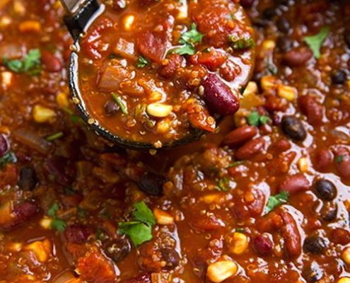 The Best Plant-Based Chili Recipe (Vegan) 5 Closeup of Quinoa and Vegetable Chili with Ladle