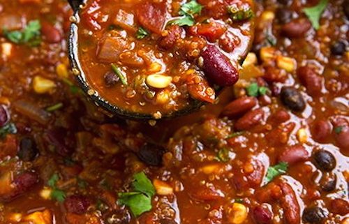 Closeup of Quinoa and Vegetable Chili with Ladle