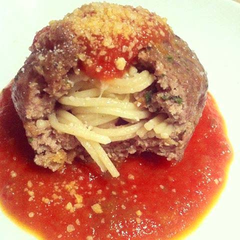 Watermelon Soup with Jicama Salsa and Cacao Nibs 4 closeup of spaghetti in meatballs