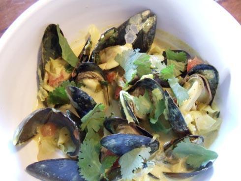 closeup of cockles, mussels and clams with cilantro and coconut