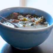 Closeup of Leftover Turkey Soup in a blue bowl