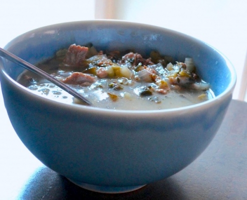 Turkey Stuffing Soup Recipe: the best use for turkey leftovers 3 Closeup of Leftover Turkey Soup in a blue bowl