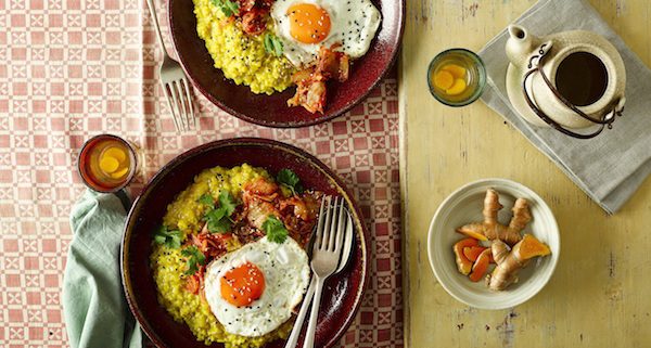 Savory Porridge with Turmeric, Kimchi and a Fried Egg