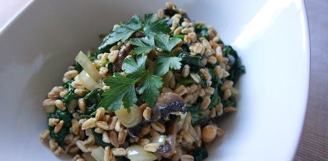 closeup of quick cooking farro with mushrooms in a large, white bowl