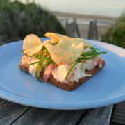 closeup of lobster and potato chip open faced sandwich on a pale blue plate overlooking the beach