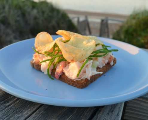 closeup of lobster and potato chip open faced sandwich on a pale blue plate overlooking the beach