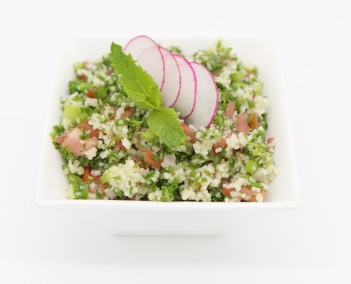 Minted Bulghar Salad in a White, Square Dish