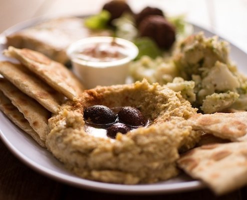 Eggplant Puree with pita and olives on the side