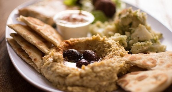 Eggplant Puree with pita and olives on the side