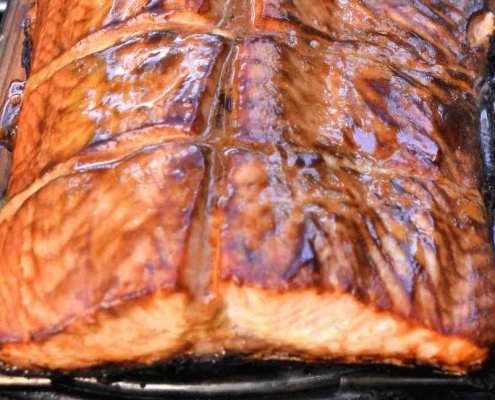 Closeup of Sweet Hot Cedar Plank Salmon