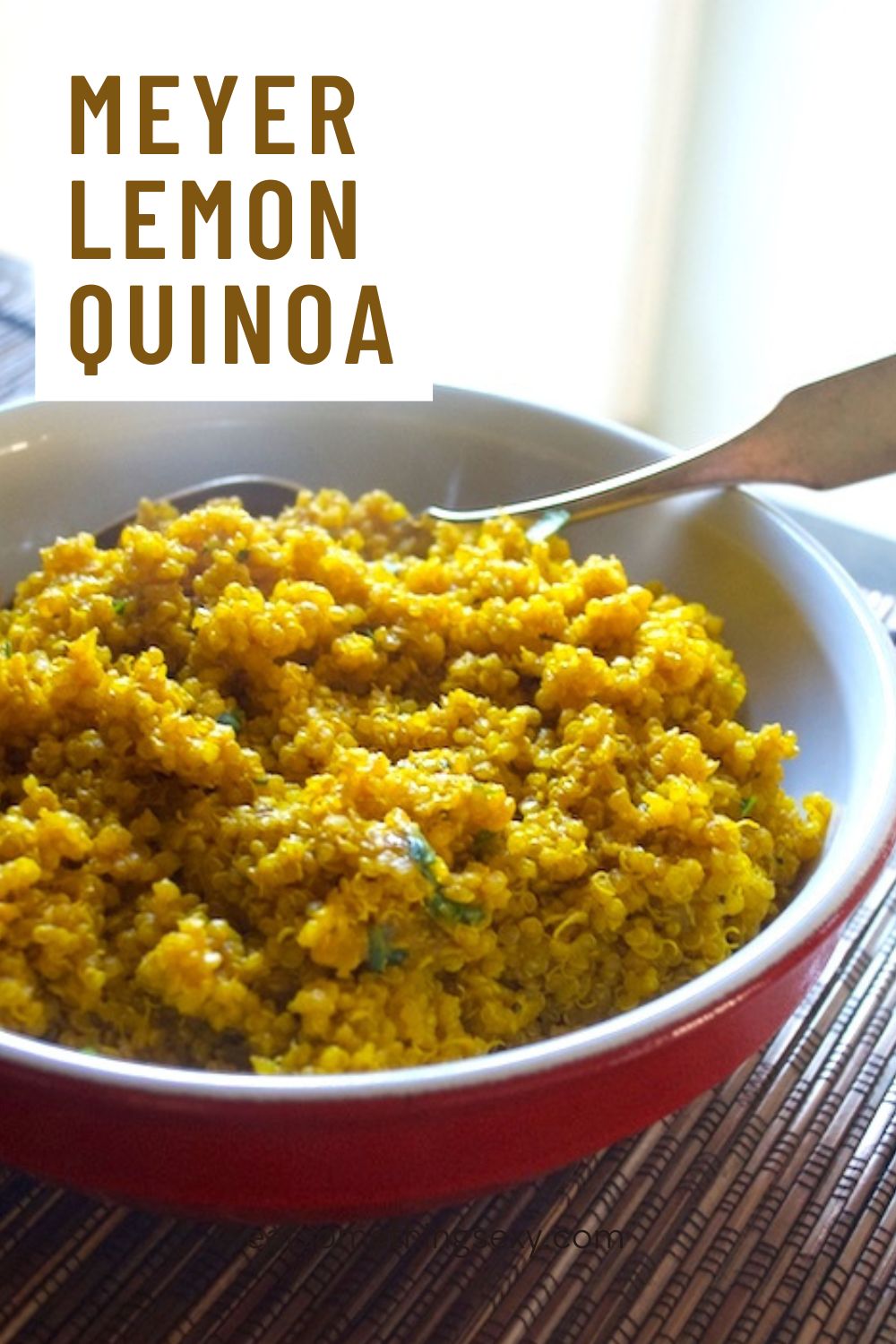 Meyer Lemon Quinoa graphic with a closeup of the quinoa in a red bowl