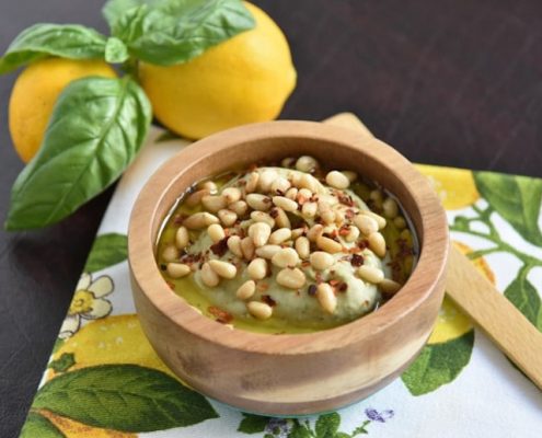 White Bean Hummus-style dip with basil, Meyer lemon and pine nuts