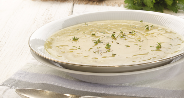 closeup of Irish potato soup in a white bowl with a silver spoon