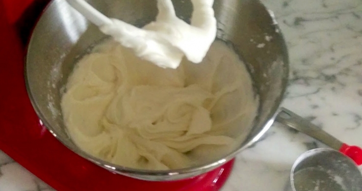 Crème Fraîche Frosting: A Tangy, Not-Too-Sweet Alternative to Buttercream 1 Creme Fraiche Frosting in a red Kitchenaid mixer