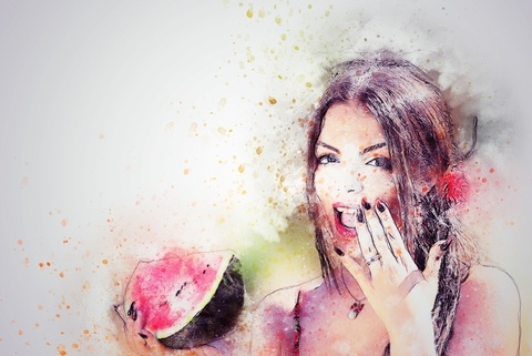 About Eat Something Sexy 1 Watercolor of woman eating watermelon