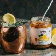 Closeup of an Italian Mule in a Copper Cup with Sicilian Marmalade Jar