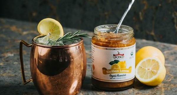 Closeup of an Italian Mule in a Copper Cup with Sicilian Marmalade Jar