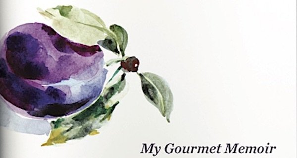 Closeup of watercolor plum from Save Me the Plums jacket
