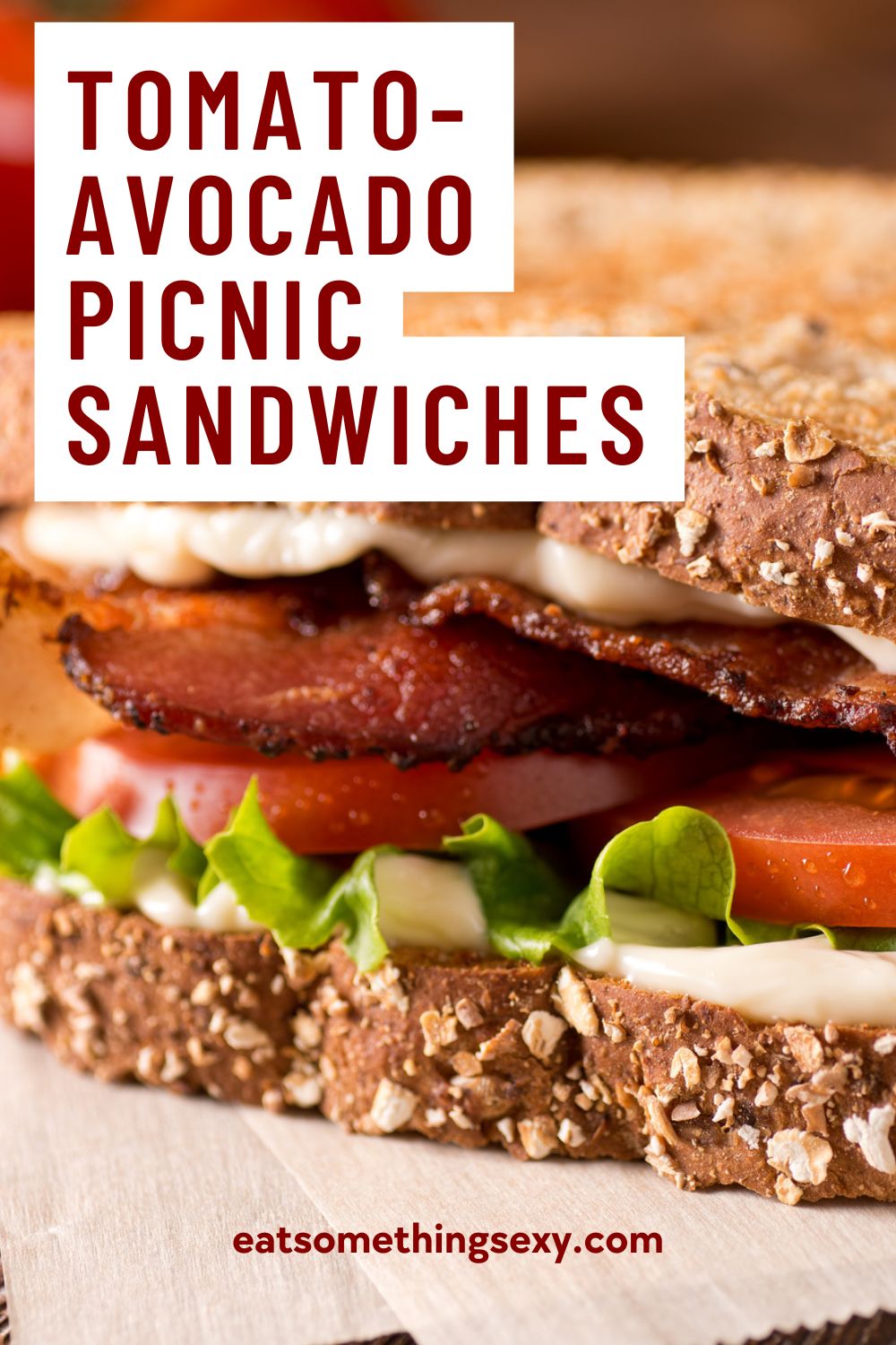 bacon, tomato and avocado picnic sandwiches graphic with a closeup of the sandwich