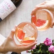 two hands, each holding a Lustau Spritz with a bottle of the vermouth in the background