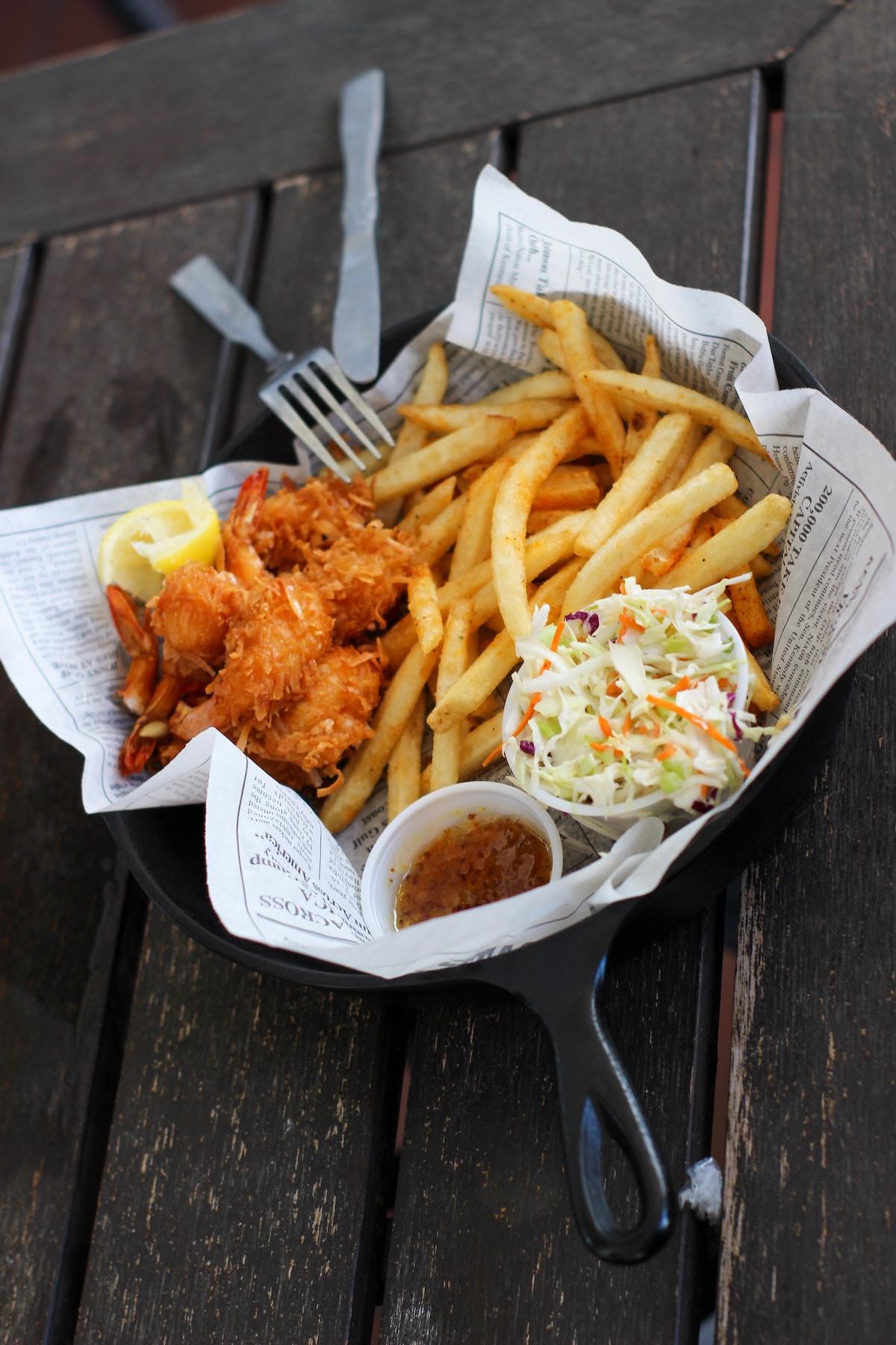 Closeup of a fried seafood takeout platter at a Maine clam shack