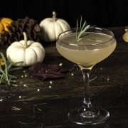 The East Indian Gin Gimlet Recipe 2 closeup of an East Indian Gimlet cocktail with a sprig of rosemary for garnish and a trio of pumpkins in the background