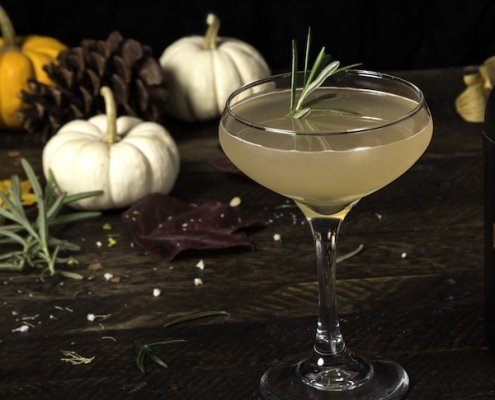 closeup of an East Indian Gimlet cocktail with a sprig of rosemary for garnish and a trio of pumpkins in the background