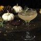 closeup of an East Indian Gimlet cocktail with a sprig of rosemary for garnish and a trio of pumpkins in the background