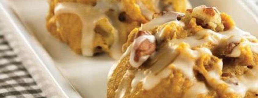 closeup of Soft & Chewy Pumpkin Spice Cookies on a rectangular white plate