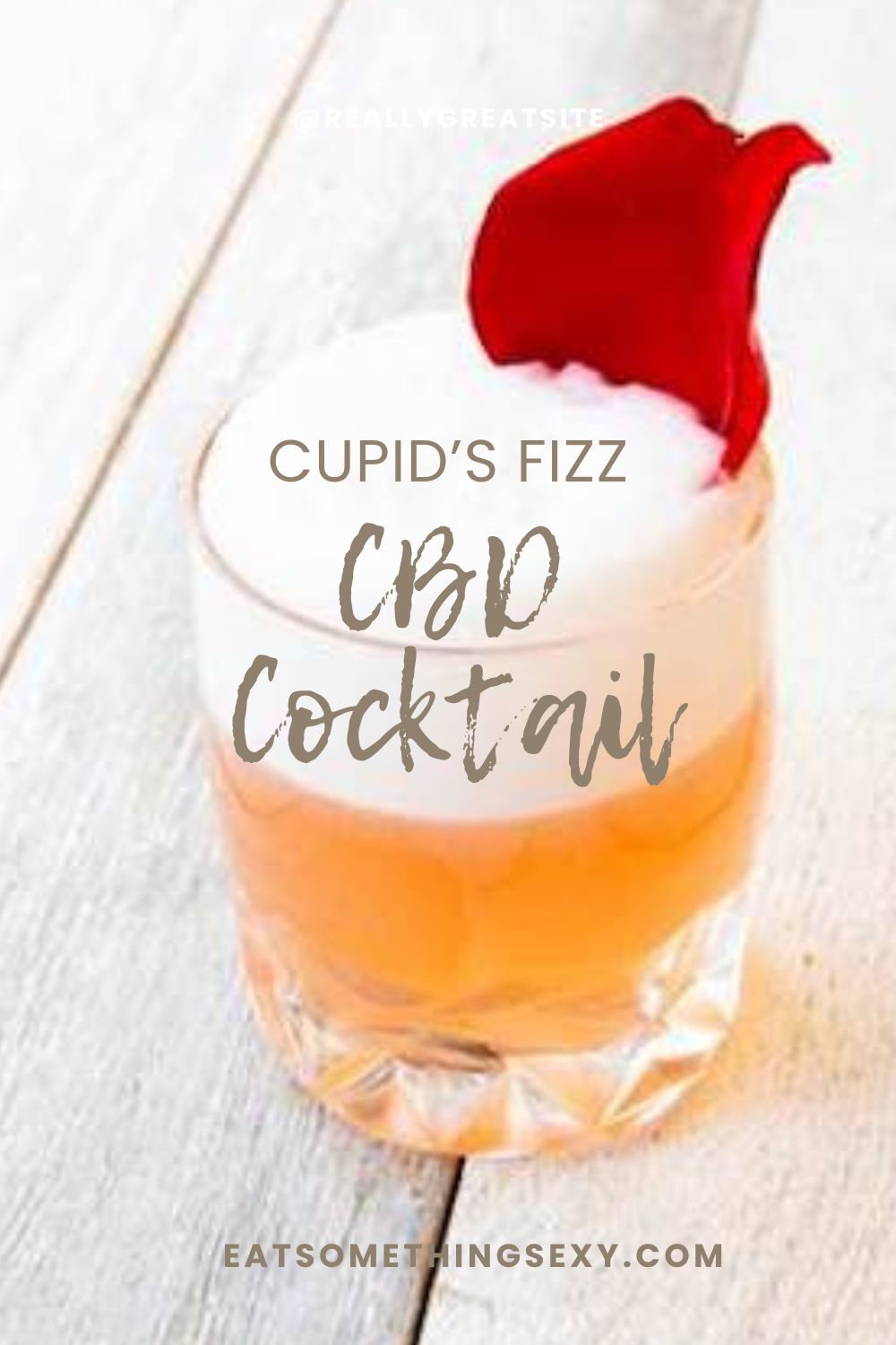 Cocktail graphic with the closeup of the drink with a red rose petal garnish and the text, "Cupid's Fizz CBD Cocktail" 