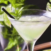 closeup of The Spanish Daiquiri in a martini glass with a black straw