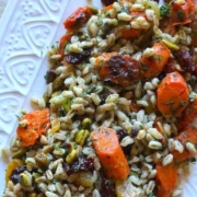 Recipe for Mediterranean Farro Salad with Dried Fruits 2 closeup of Mediterranean Farro Salad on a white platter