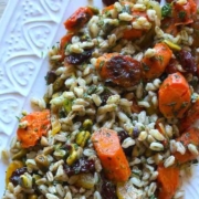 closeup of Mediterranean Farro Salad on a white platter