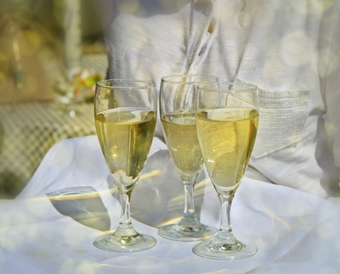 several types of white wine in stemmed glasses against a white backgroung