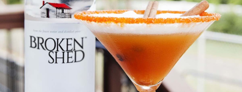 pumpkin apple cider cocktail in a martini glass with a bottle of Broken Shed vodka in the background
