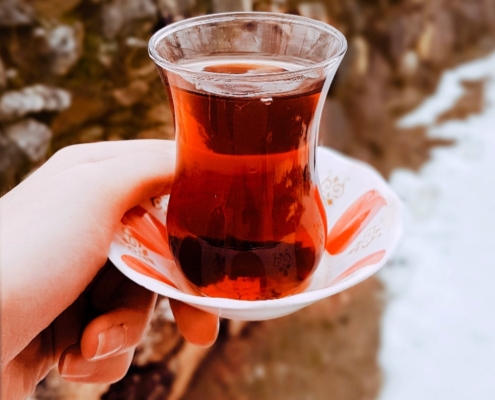 woman's hand holding a sorrel drink in the snow