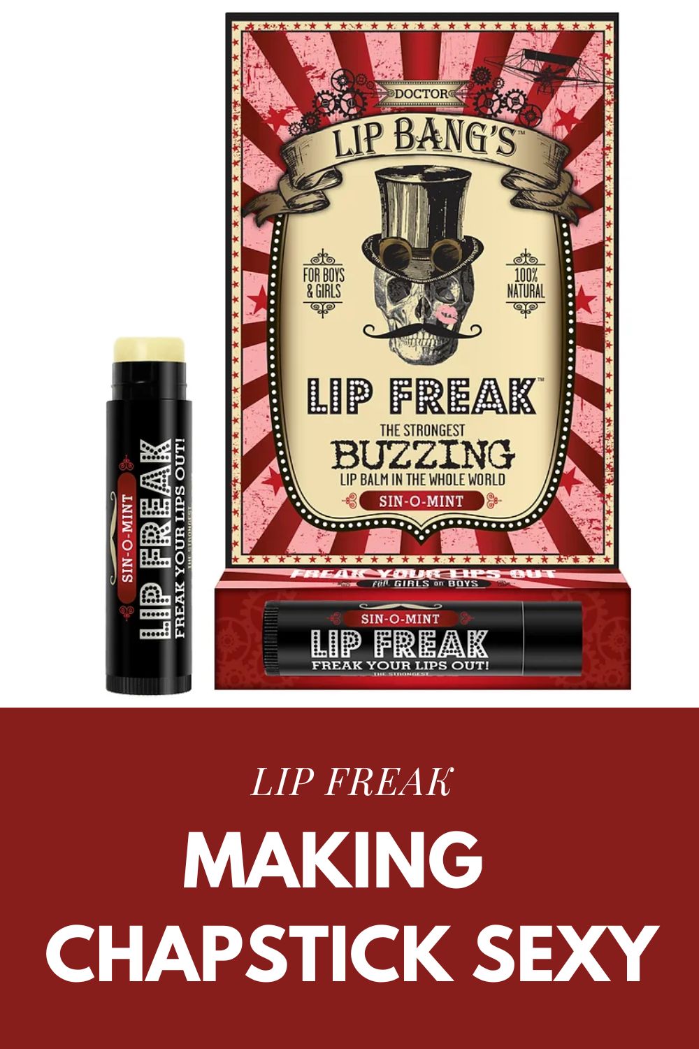 Product shot of a tube of Lip Freak next to its packaging