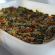 closeup of artichoke, spinach and cheese bread pudding