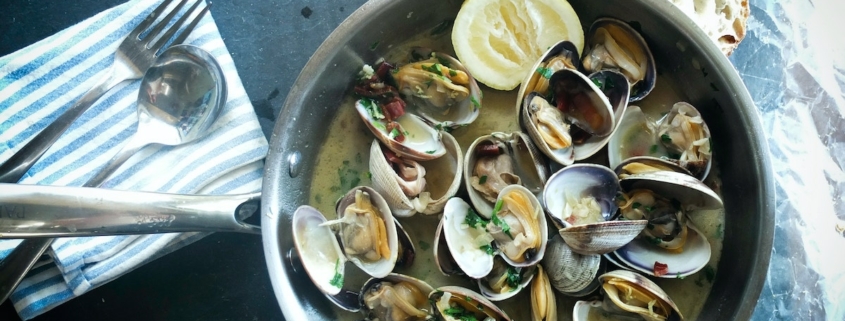 Closeup of steamed clams in a metal pot on a dark blue background