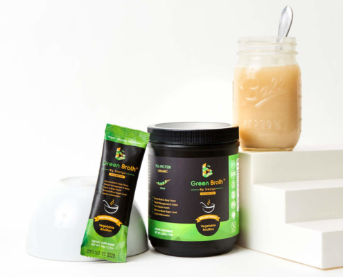 This Vegetarian Bouillon is the Best Vegan Bone Broth 3 Green Broth By Design vegan bone broth in a packet and canister with a mason jar of broth