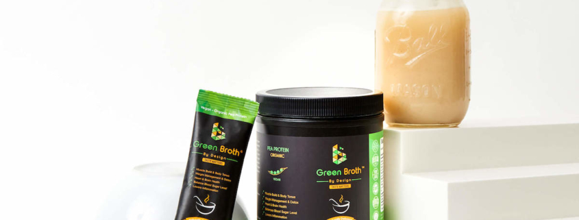 Green Broth By Design vegan bone broth in a packet and canister with a mason jar of broth