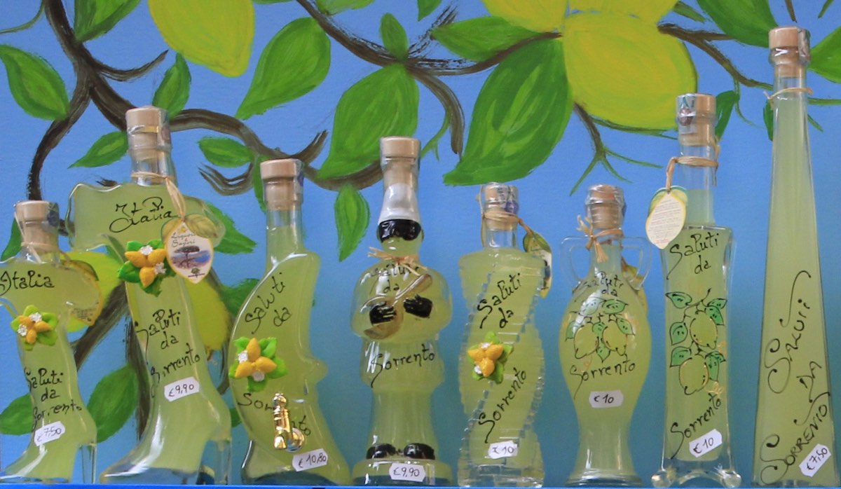 bottles of limoncello on a shelf