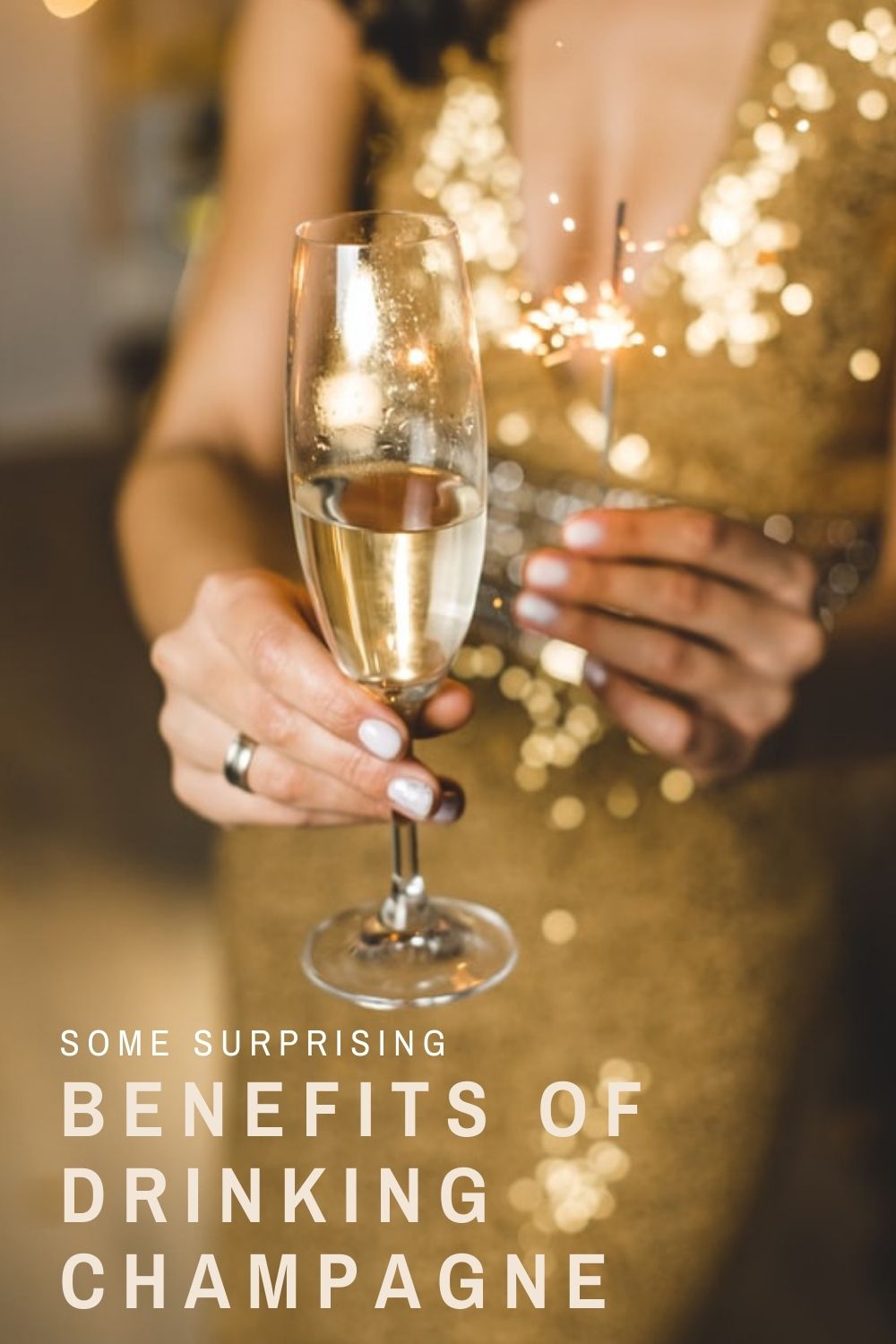 Benefits of champagne graphic with woman in gold dress holding a glass of champagne