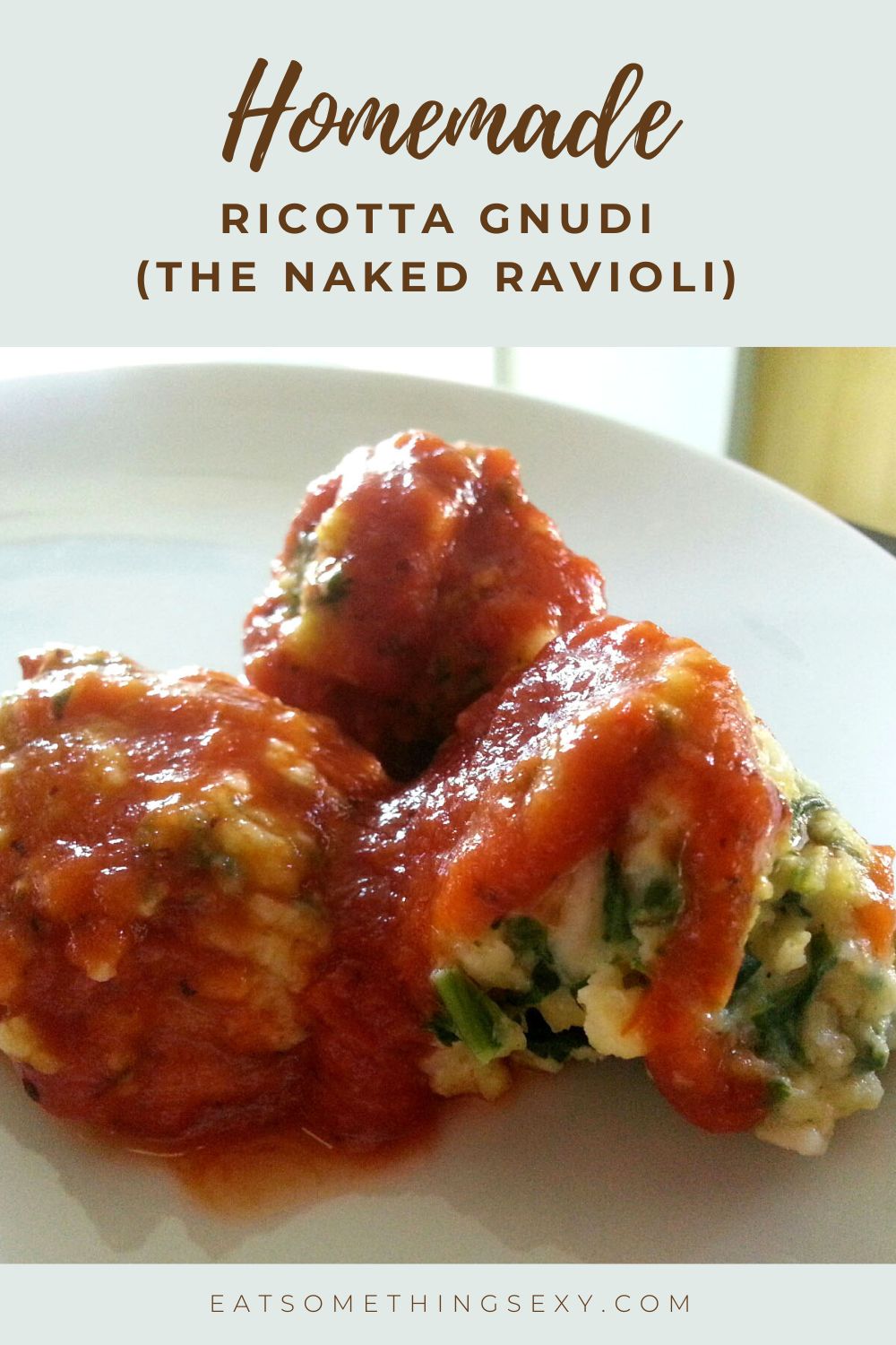 Easy Ricotta Gnudi Recipe - You've Got to Try this Naked Ravioli 5 gnudi recipe graphic with a closeup of three gnudi and the text, "homemade ricotta gnudi (the naked ravioli)"